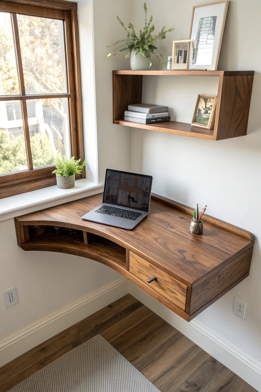 Transform any nook with this beautifully crafted floating corner desk—where elegance meets efficiency.