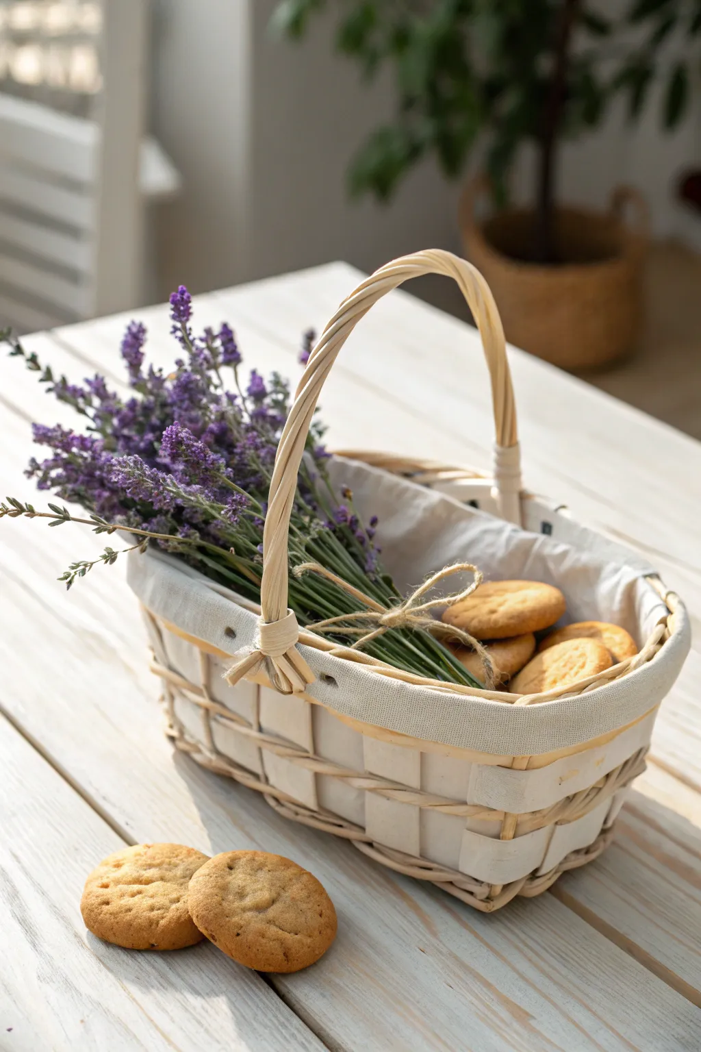 Charming woven basket filled with lavender and treats – the perfect floral gift for any occasion.