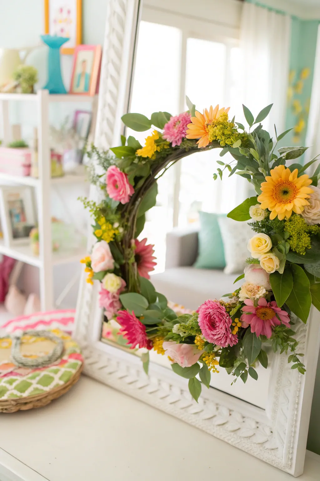 A floral wreath adds vibrant color to a mirror.