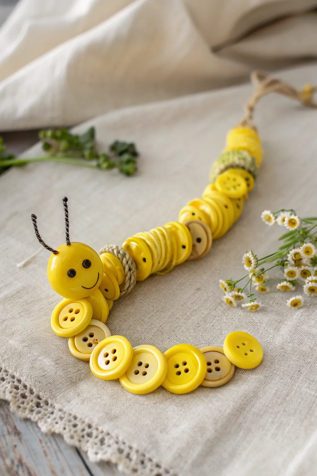 Adorn your space with a whimsical touch: the charming yellow button caterpillar.