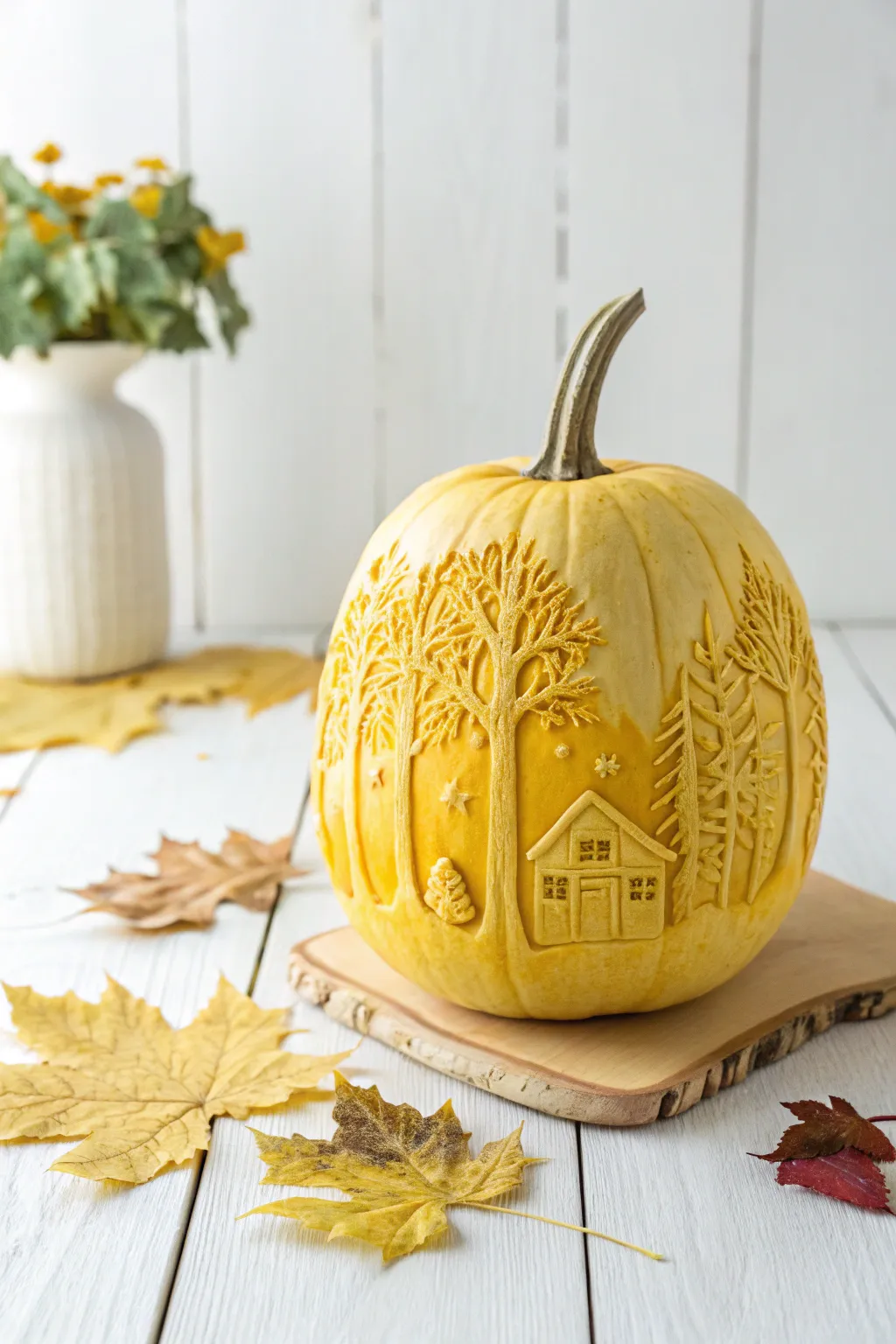 Transform your pumpkin into a whimsical autumn landscape with delicate carvings. 🍂🏡