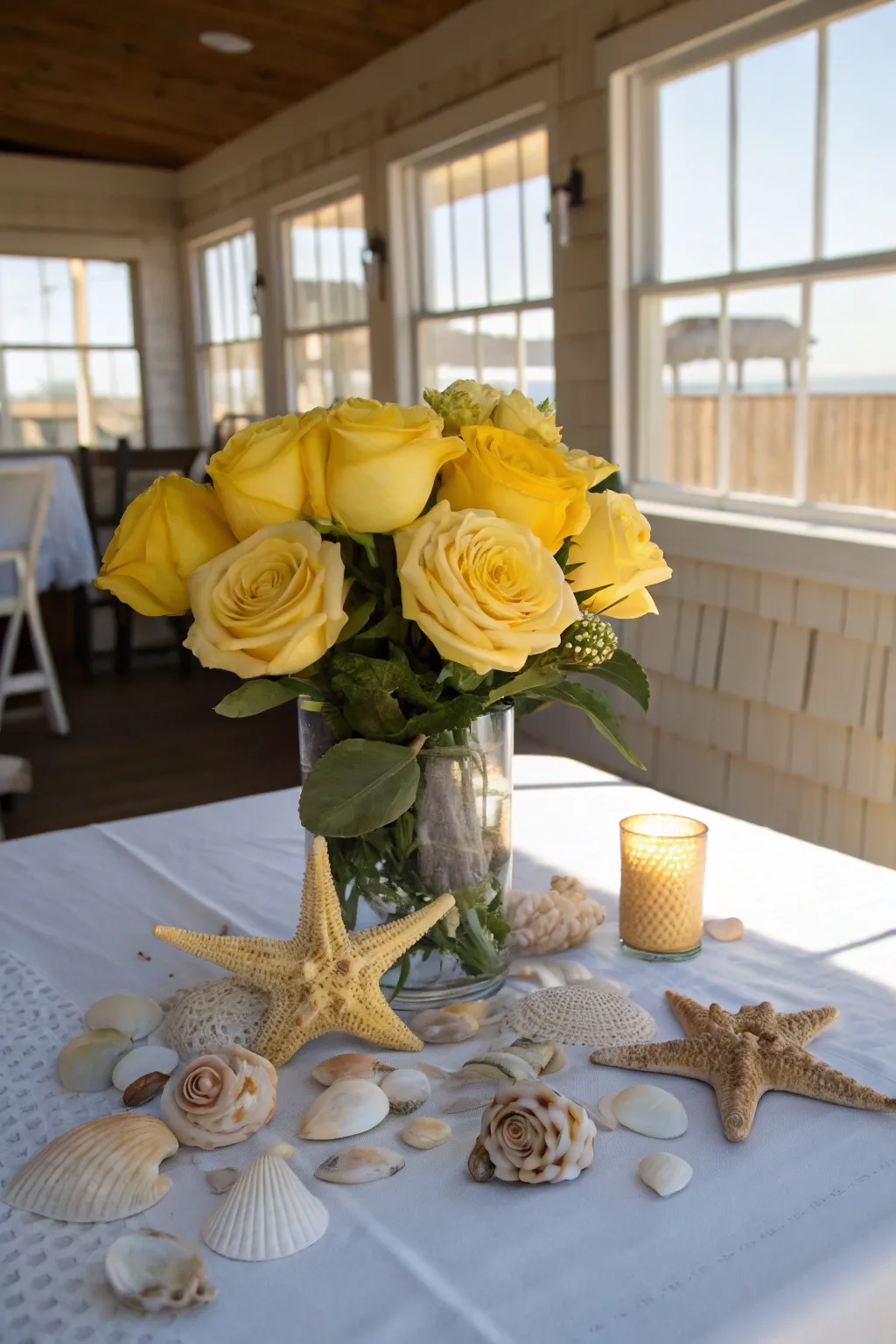 Coastal cool with yellow roses and seashells.