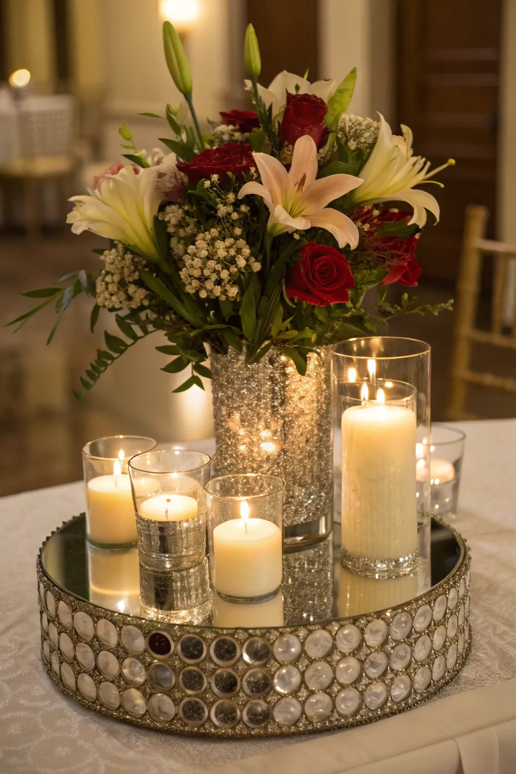A mirrored centerpiece that adds a touch of glamour and elegance.