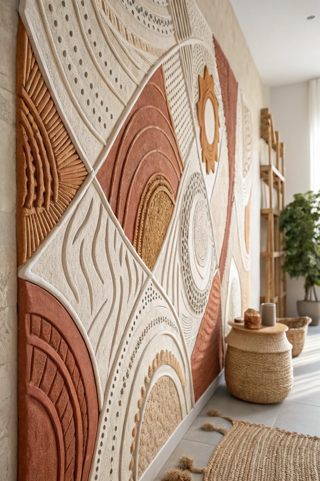Discover the art of texture with this stunning 3D clay mural, where abstract patterns meet minimalist elegance.