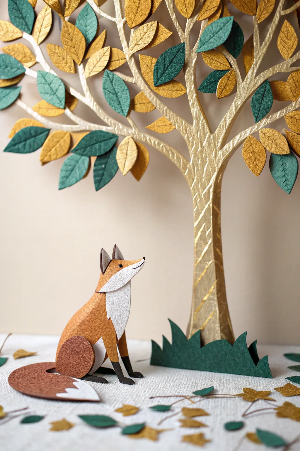 Step into a whimsical world where nature meets imagination: a fox under a shimmering paper tree.