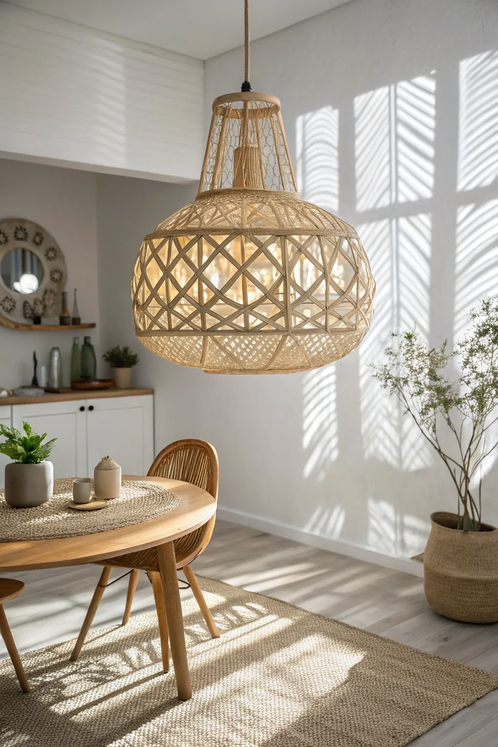 Illuminate your space with a touch of artistry. This custom geometric pendant light blends Scandinavian simplicity with boho elegance, casting enchanting patterns for a warm, inviting atmosphere.
