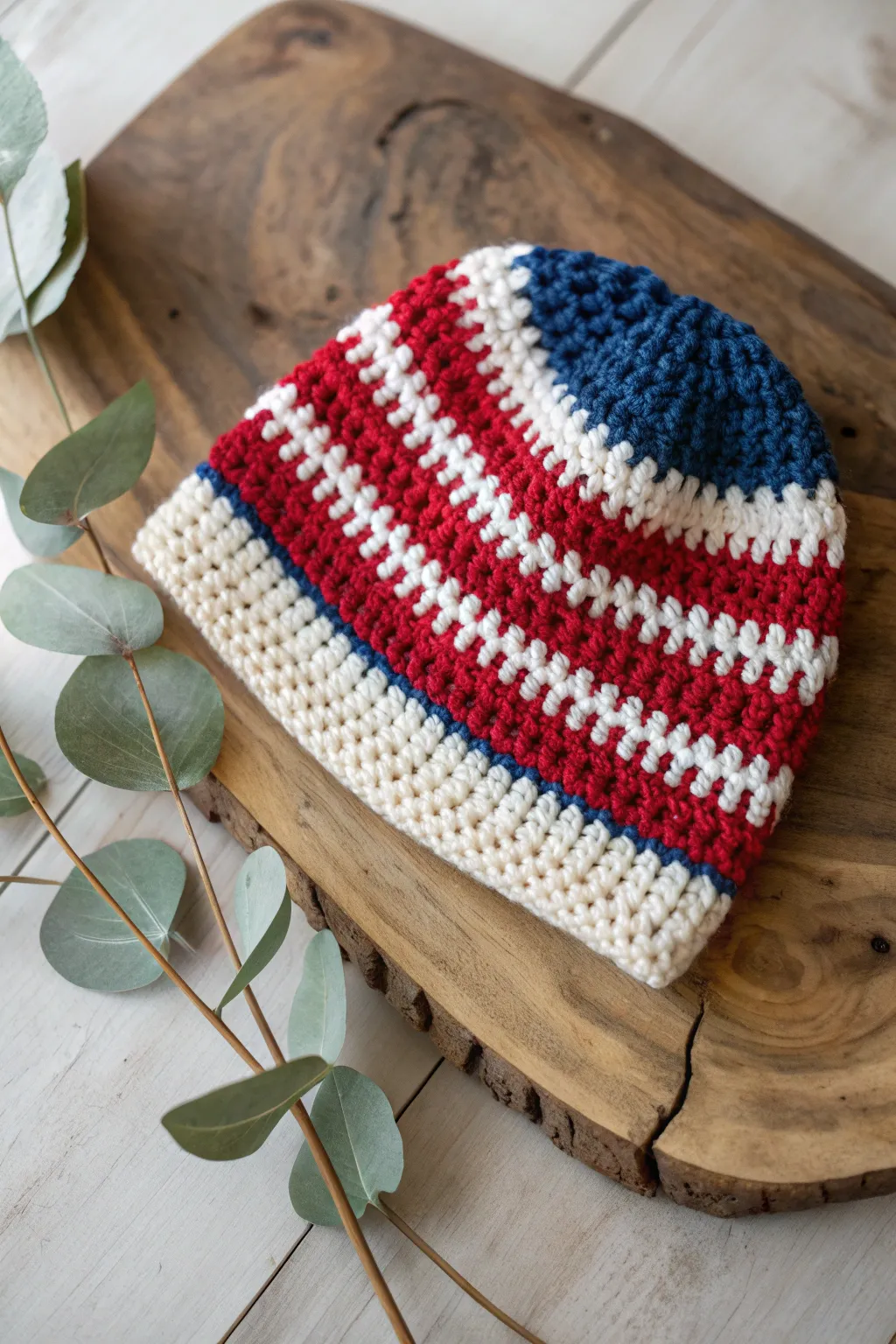 Celebrate in style with this beautifully crafted Patriotic Beanie, perfect for adding a festive touch to your outfit.
