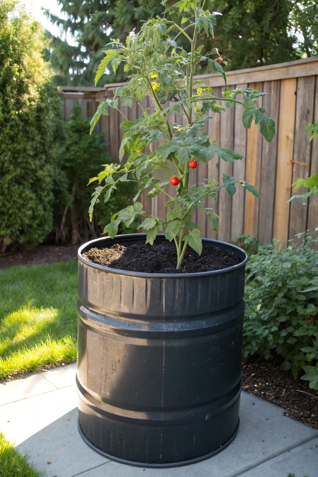 Transform a 55-gallon drum into a stunning garden centerpiece for your tomatoes!