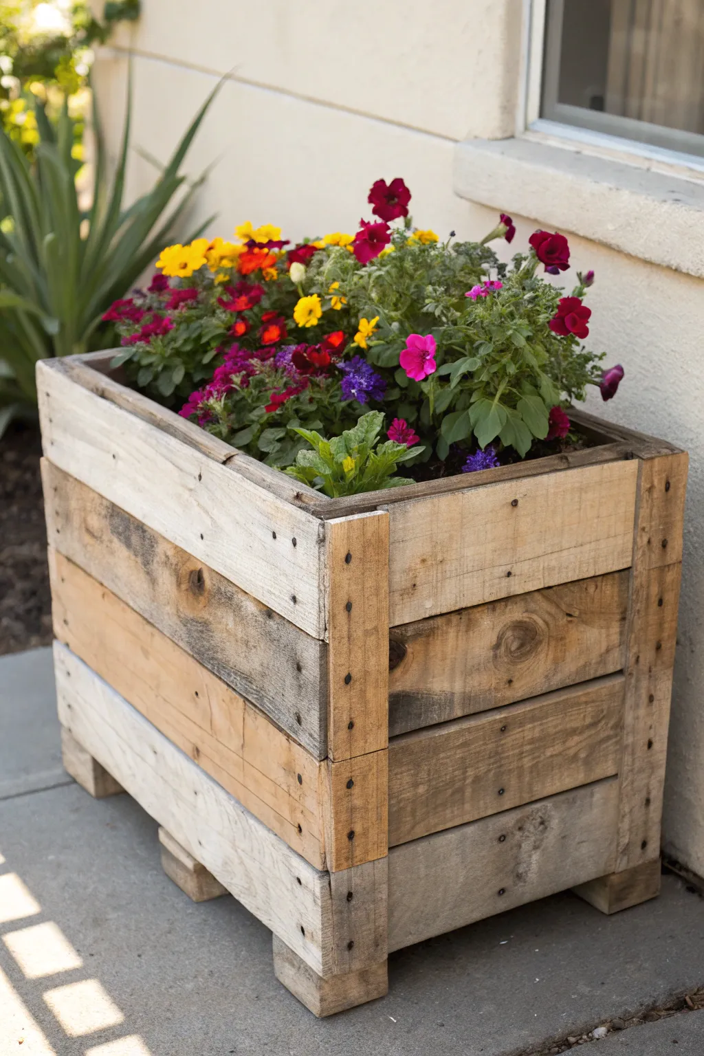 Elevate your outdoor space with a handcrafted pallet planter box bursting with color.