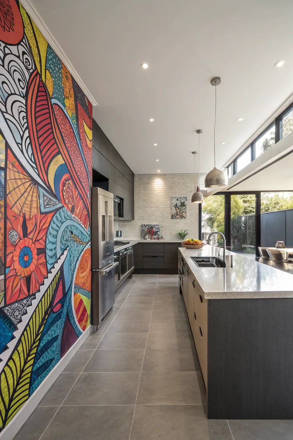 Abstract murals transform walls into works of art.