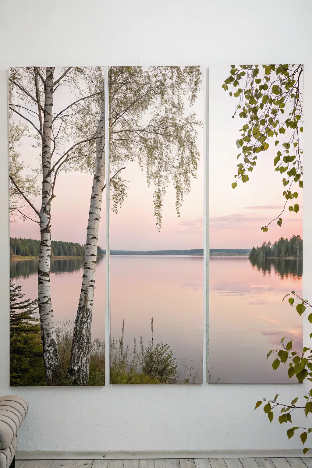 Find peace in nature's reflection with this minimalist lake scene triptych.