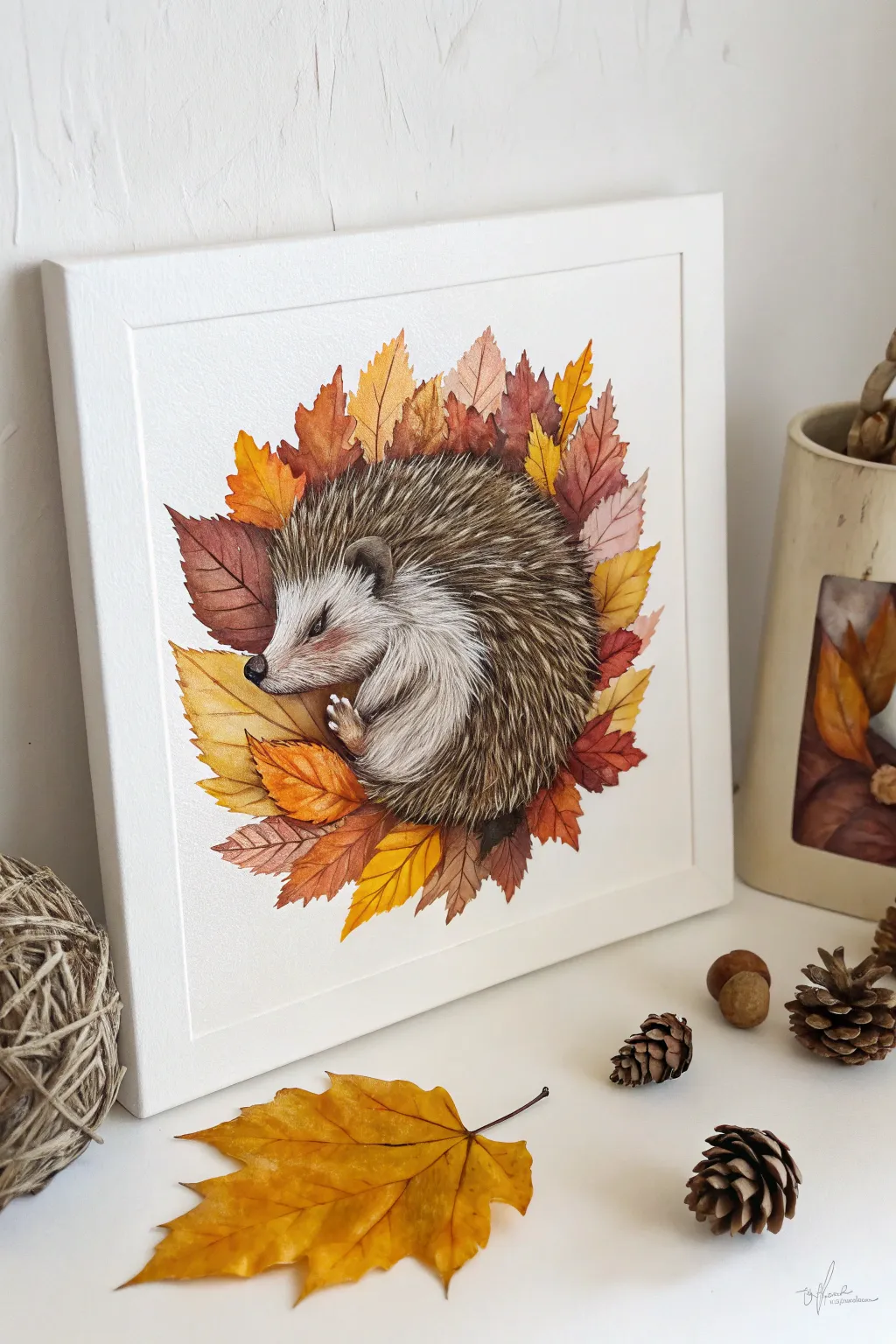 Embrace the charm of simplicity with a cute hedgehog nestled in autumn leaves, perfect for your minimalist boho space.