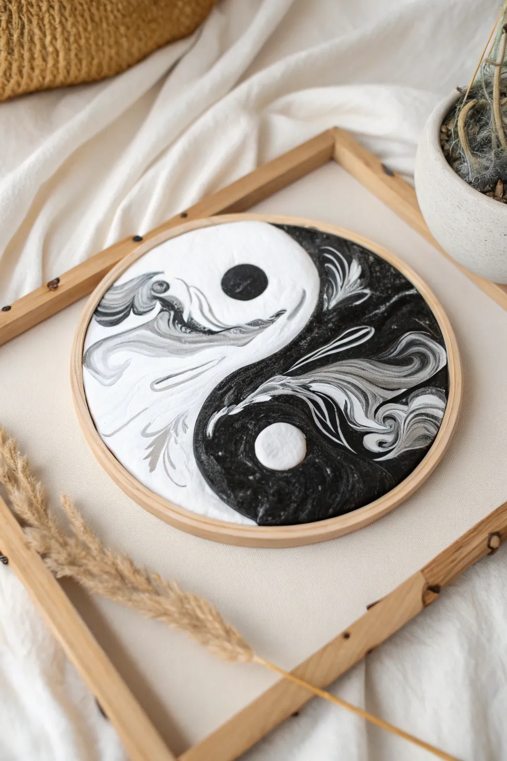 Embrace the serene balance of black and white with this Yin Yang-inspired acrylic pour masterpiece.
