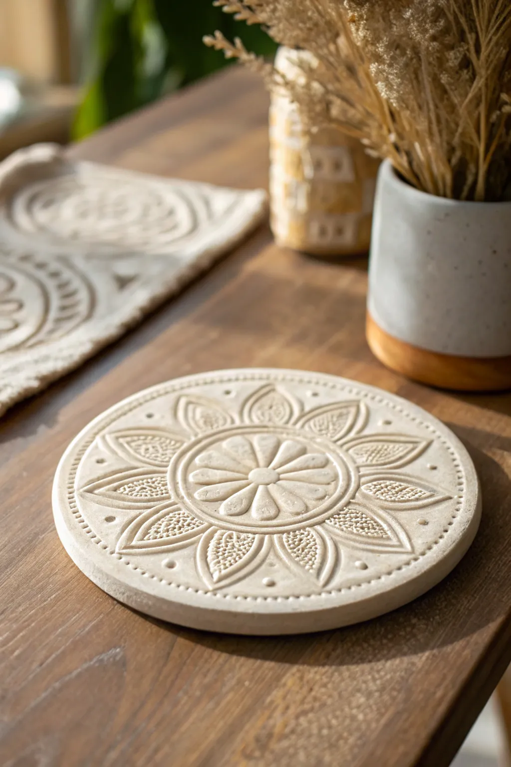 Effortlessly chic and uniquely crafted, these clay coasters add a touch of boho elegance to any setting.