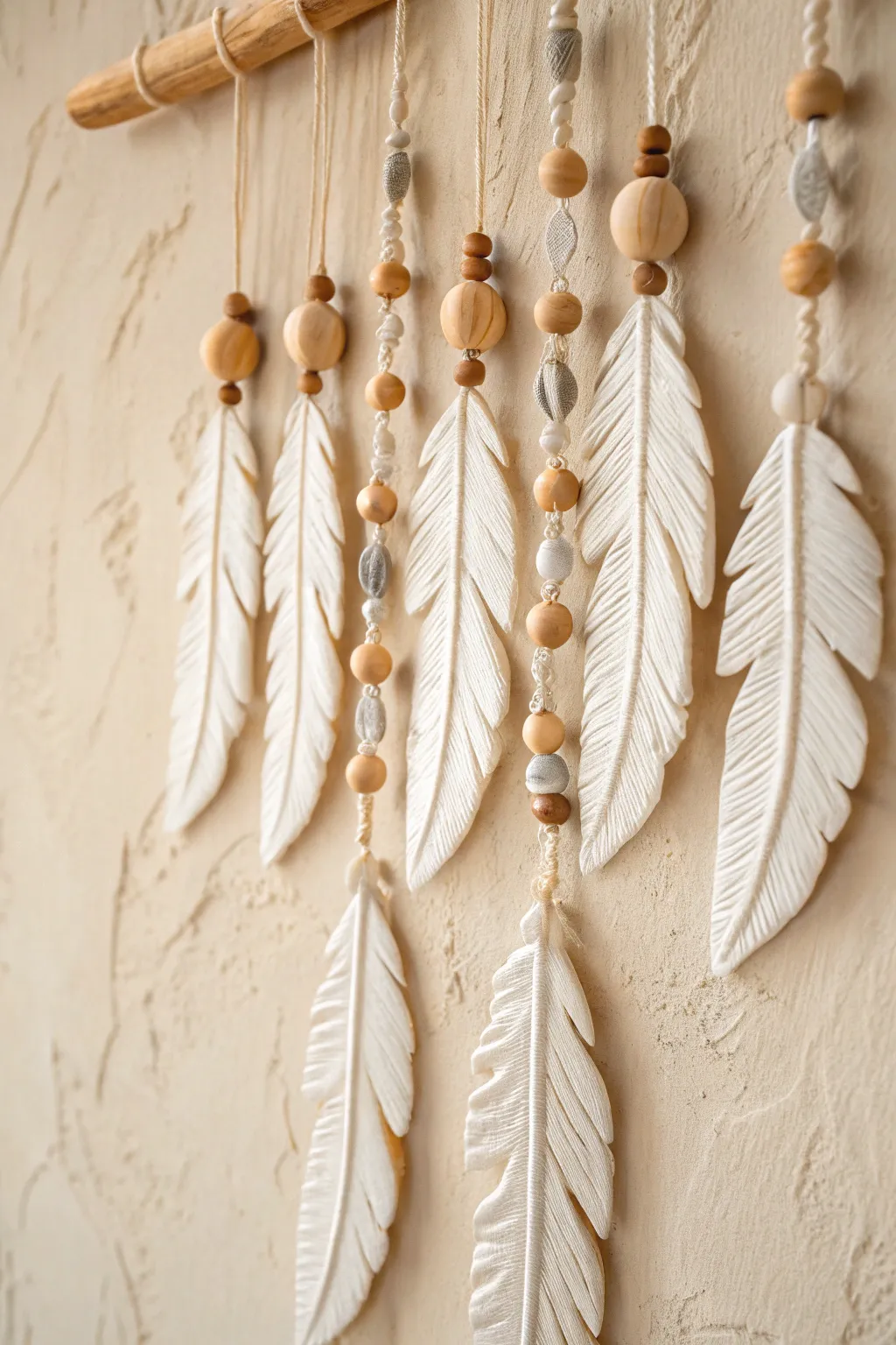 Elevate your space with boho vibes: a minimalist clay wall hanging with feathers and beads.