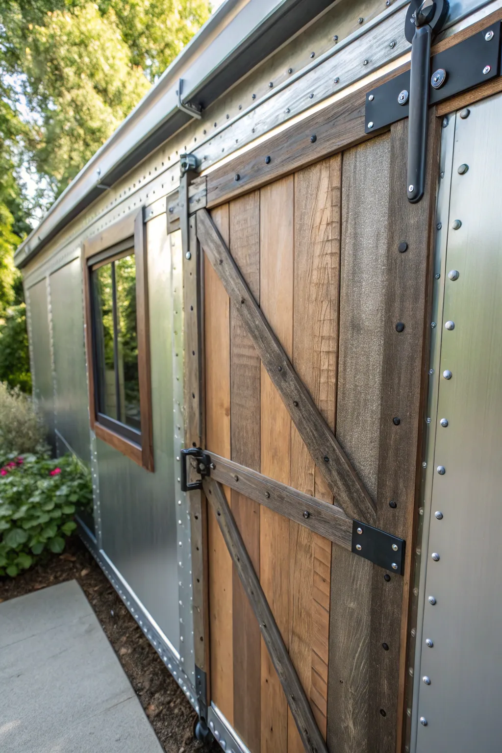 Transform your shed with a touch of rustic charm: the perfect blend of modern aluminum and classic barn door design.
