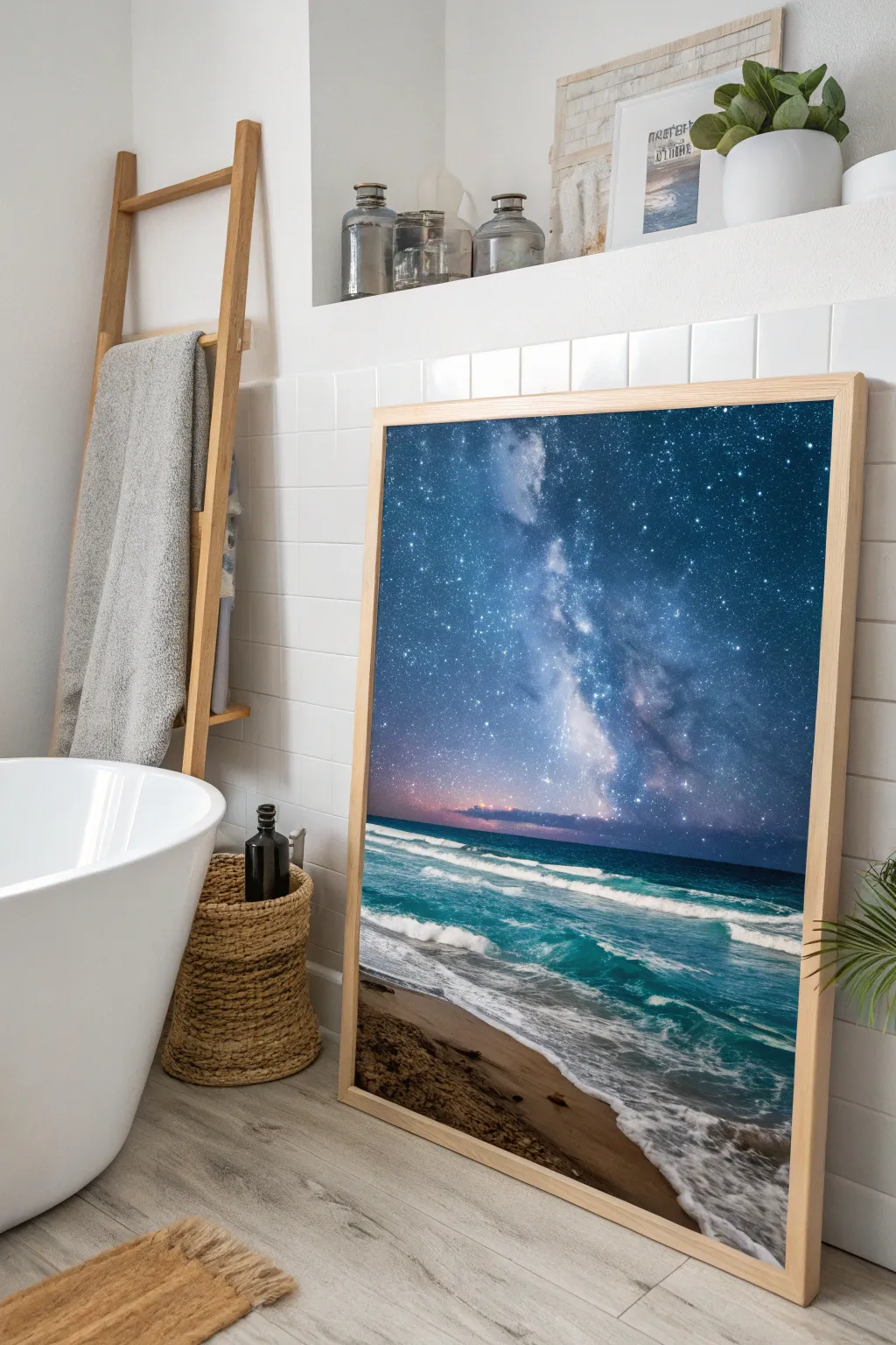 Transform your bathroom into a celestial oasis with this stunning Starry Seascape painting.