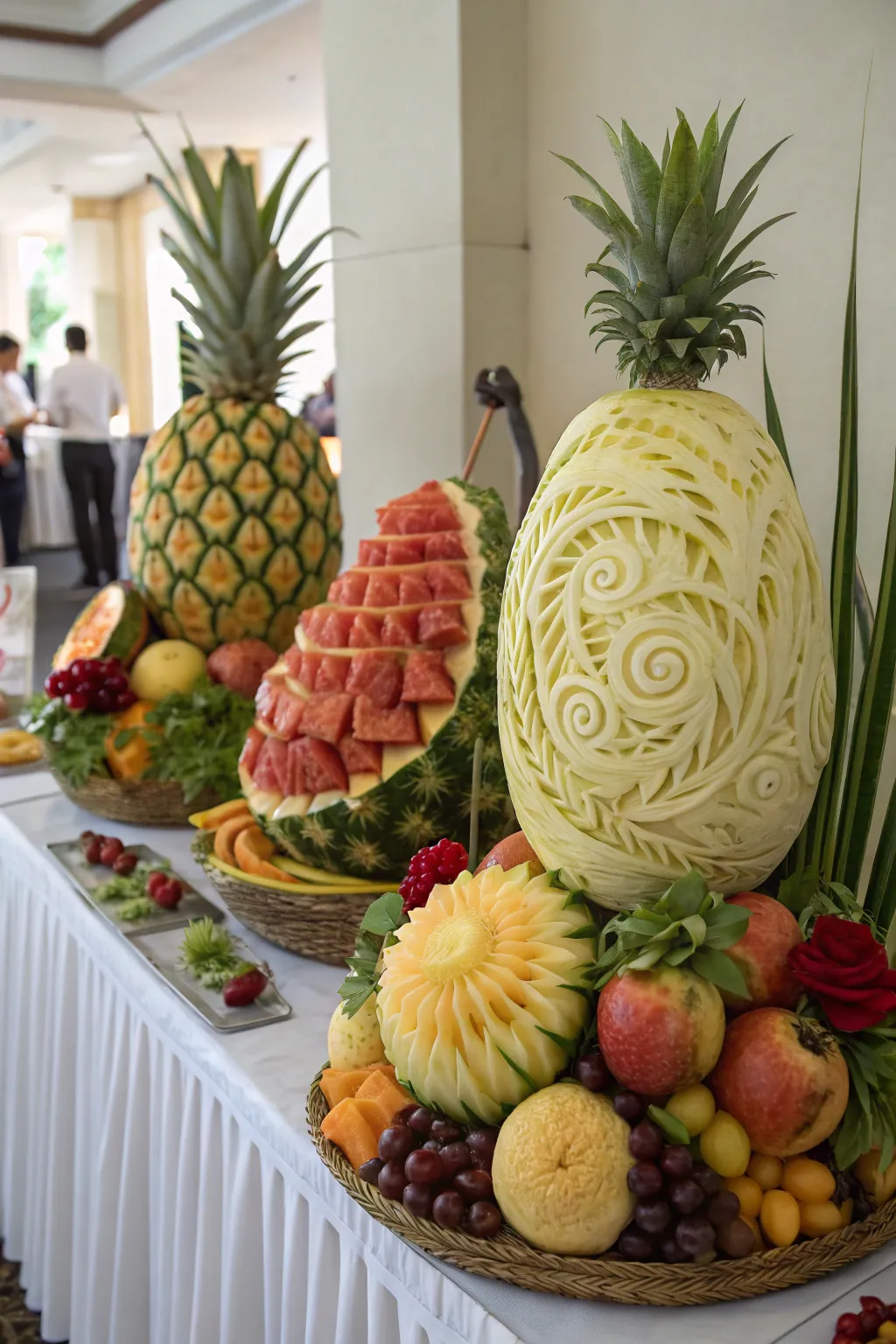 Intricate fruit carvings adding an exotic flair to Annakut.