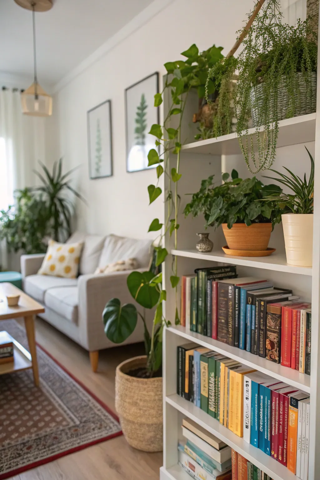 A lively display with plants interspersed among books on a living room bookshelf.