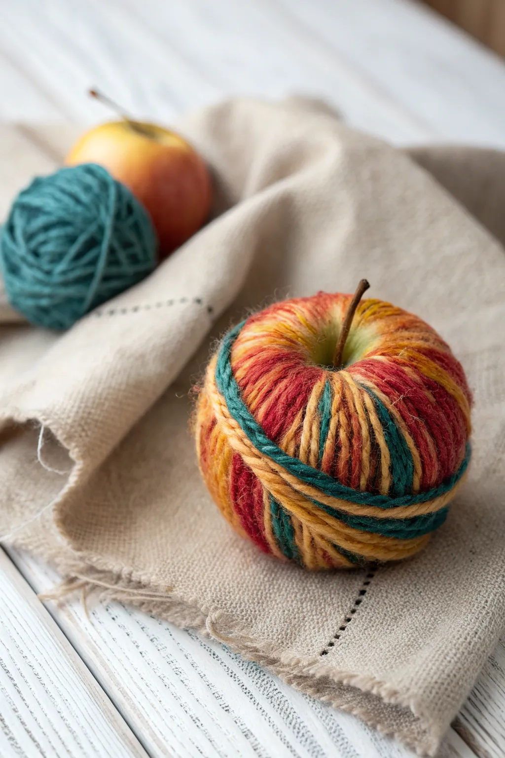 Discover the charm of yarn-wrapped apples: a simple craft with bold colors and natural beauty.