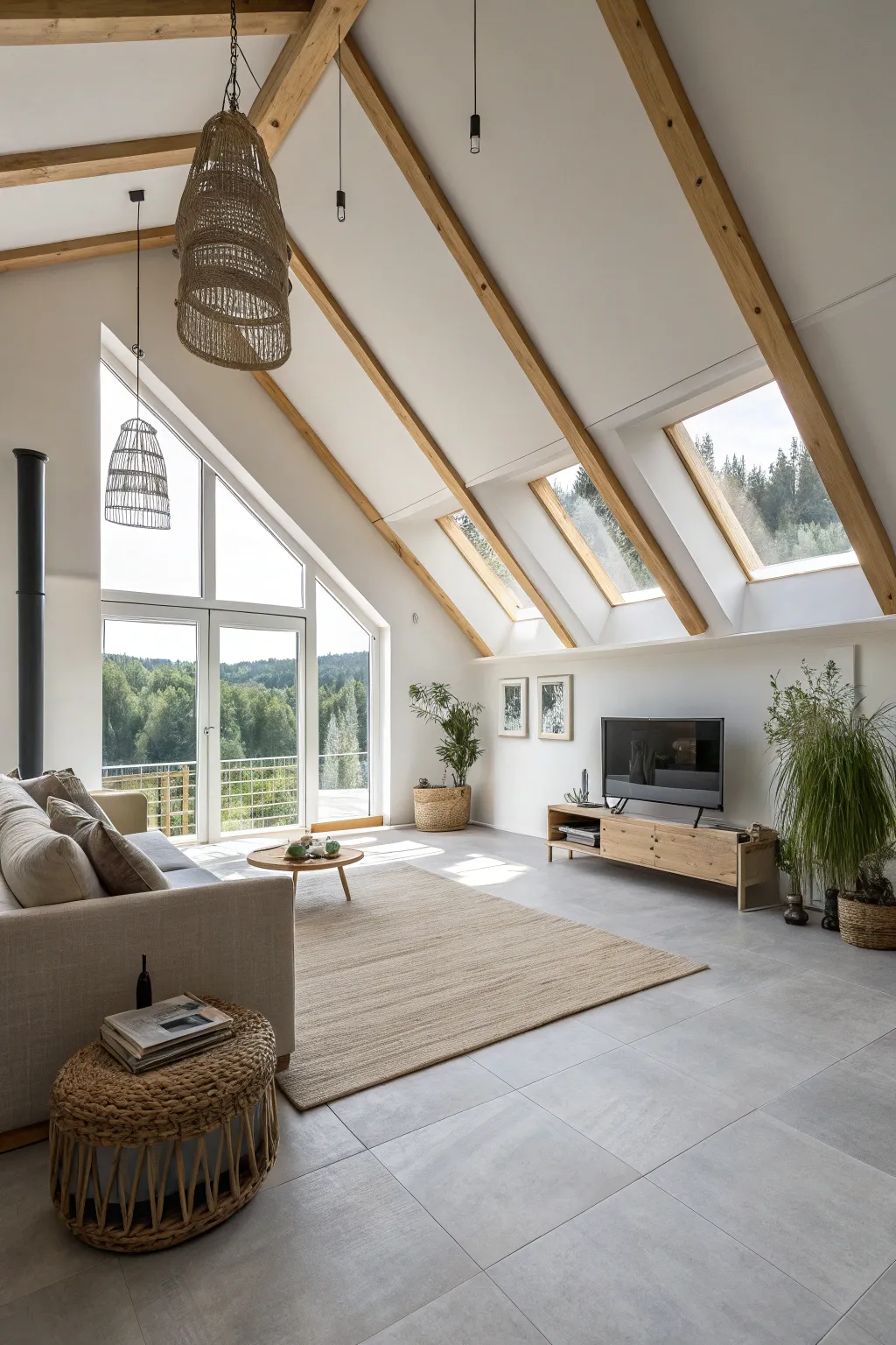 An airy attic with an open layout and minimal walls.
