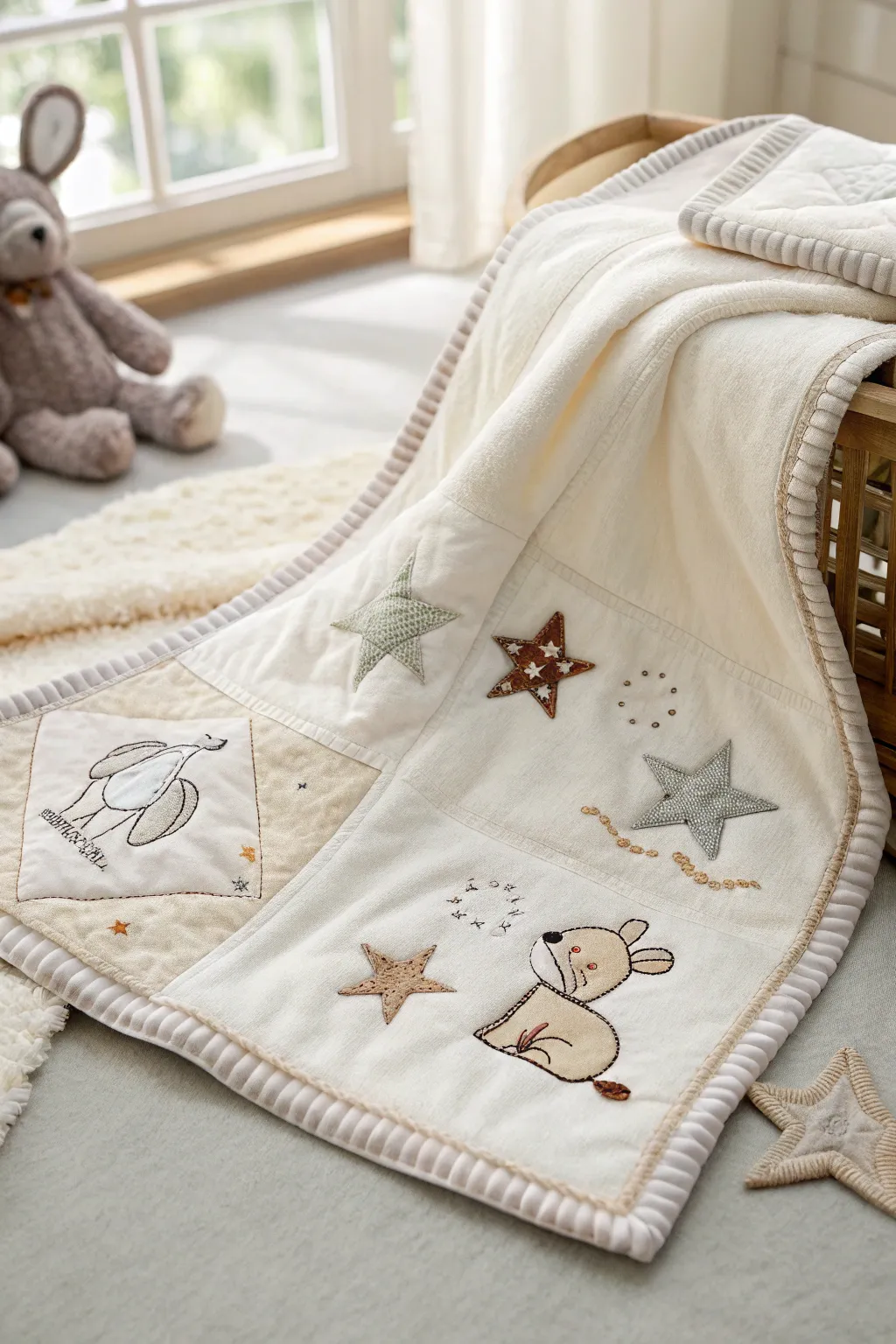 Add a whimsical touch to your baby’s blanket with enchanting appliqué accents that capture simplicity and natural beauty.