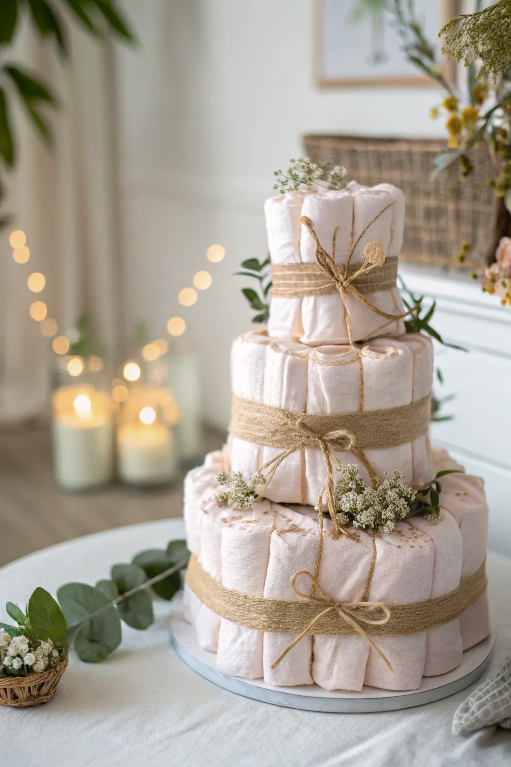 Celebrate sustainably with this charming eco-friendly diaper cake, the perfect centerpiece for a memorable baby shower!