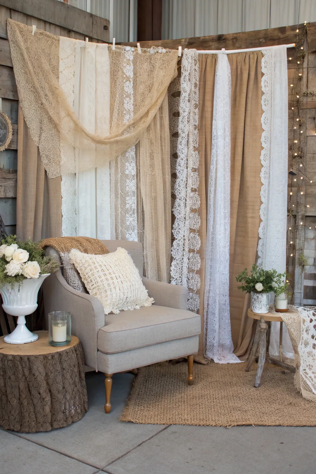 A textured backdrop featuring layers of lace and burlap.