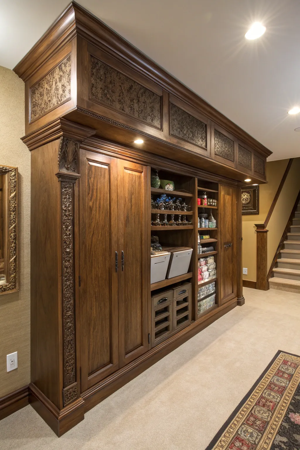 Unleash the potential of your basement with cleverly crafted soffit storage.