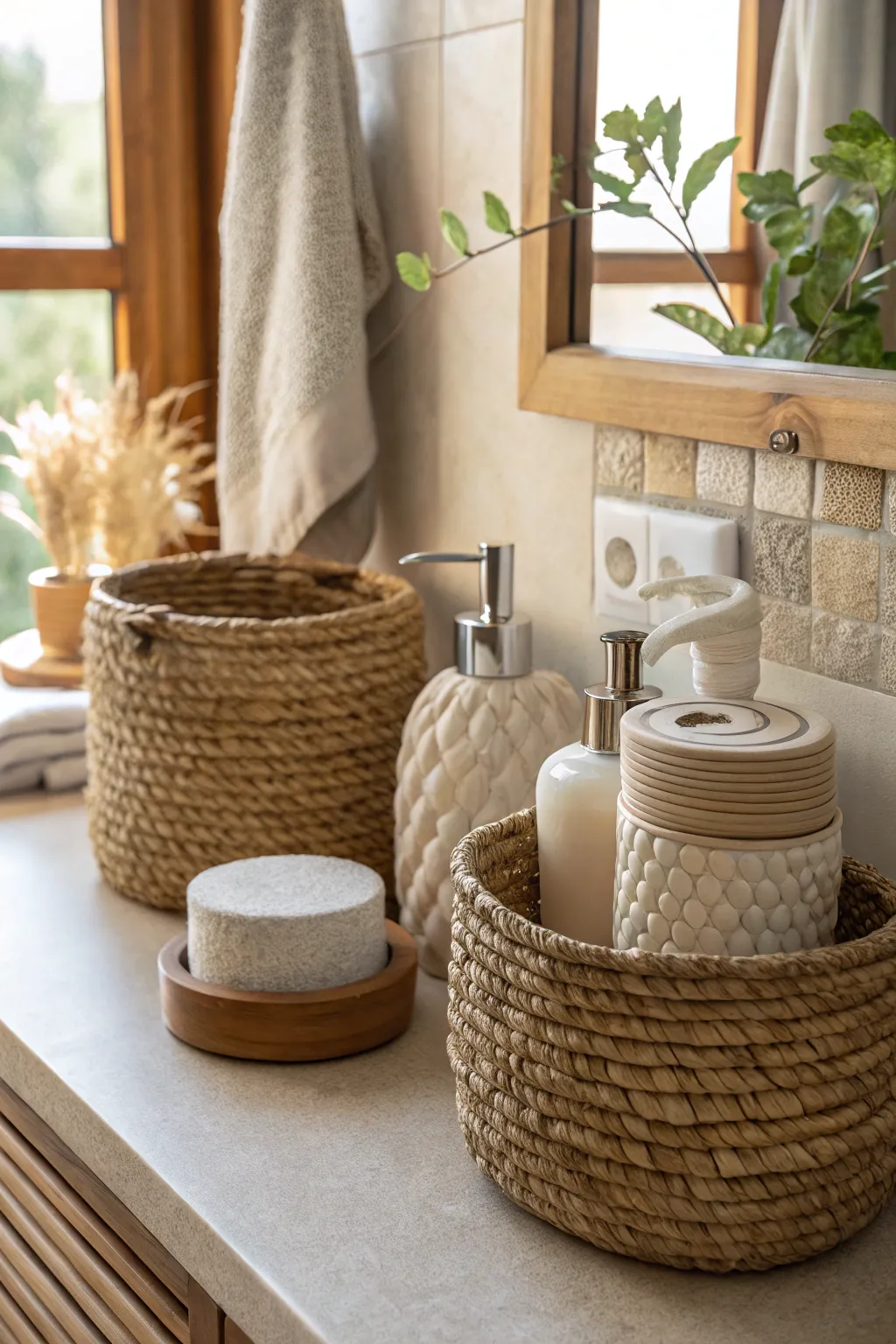 Mixed textures adding depth to bathroom decor.