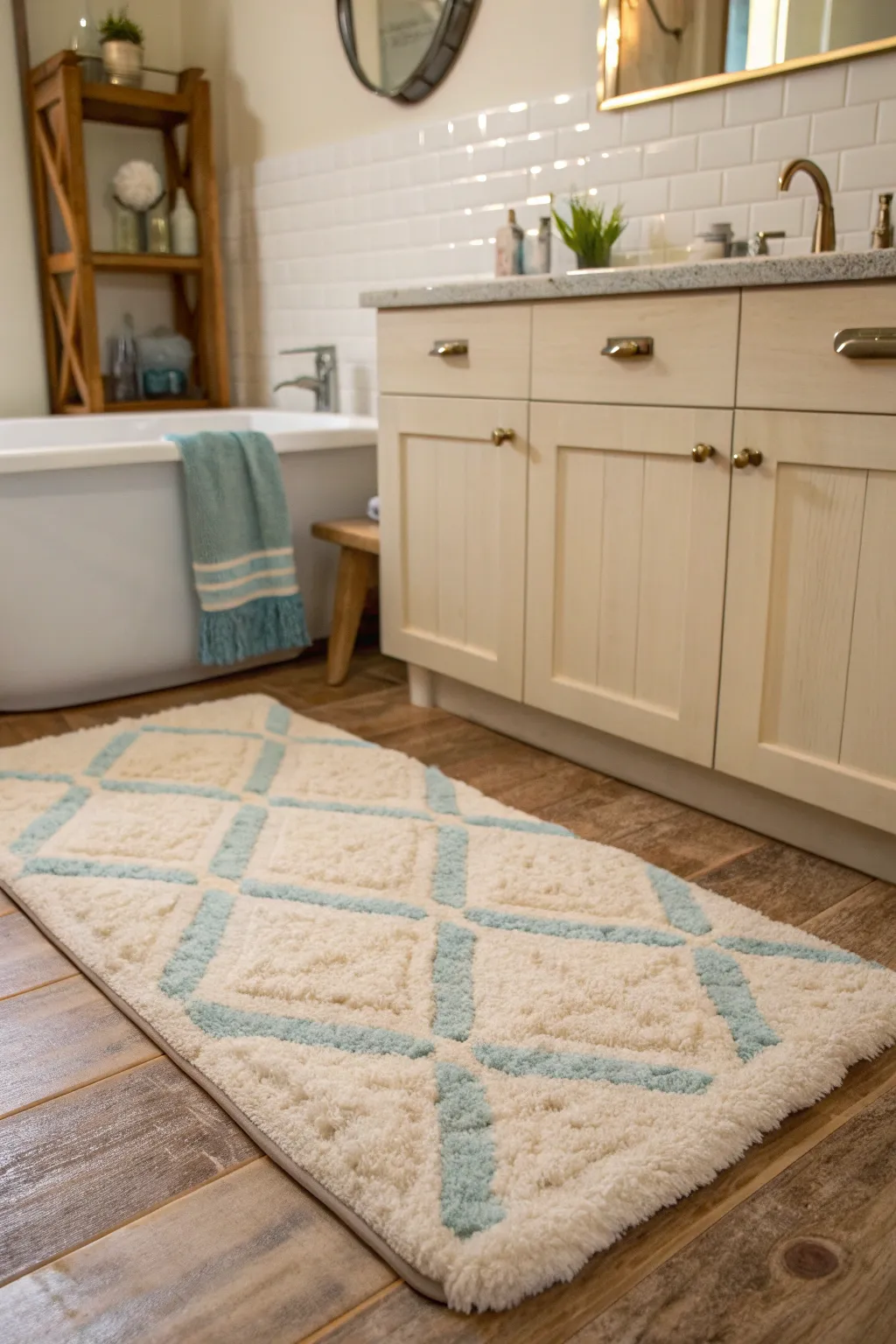 Achieve harmony in your bathroom by matching your rug to the fixtures and finishes.
