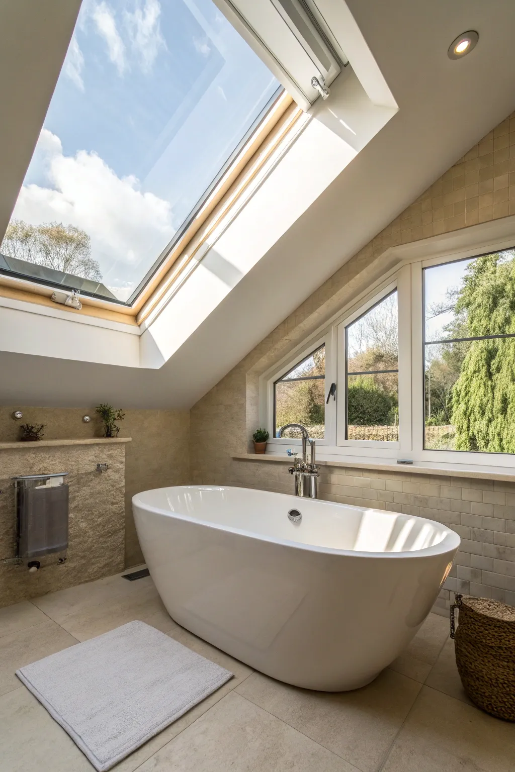 Bask in the glow of natural light with a skylight-enhanced bathtub retreat. #Craftsmanship #BathroomGoals