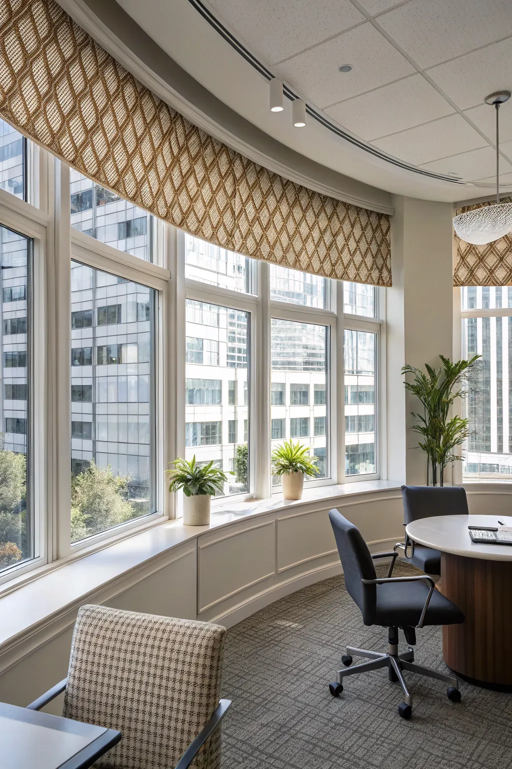 Adjustable ring top valances in a modern office.