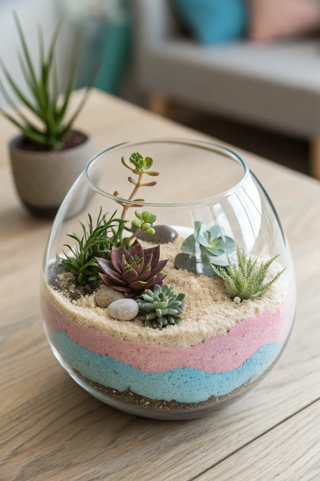 Embrace serene beauty with a minimalist sand art terrarium, where vibrant layers and delicate greenery meet.