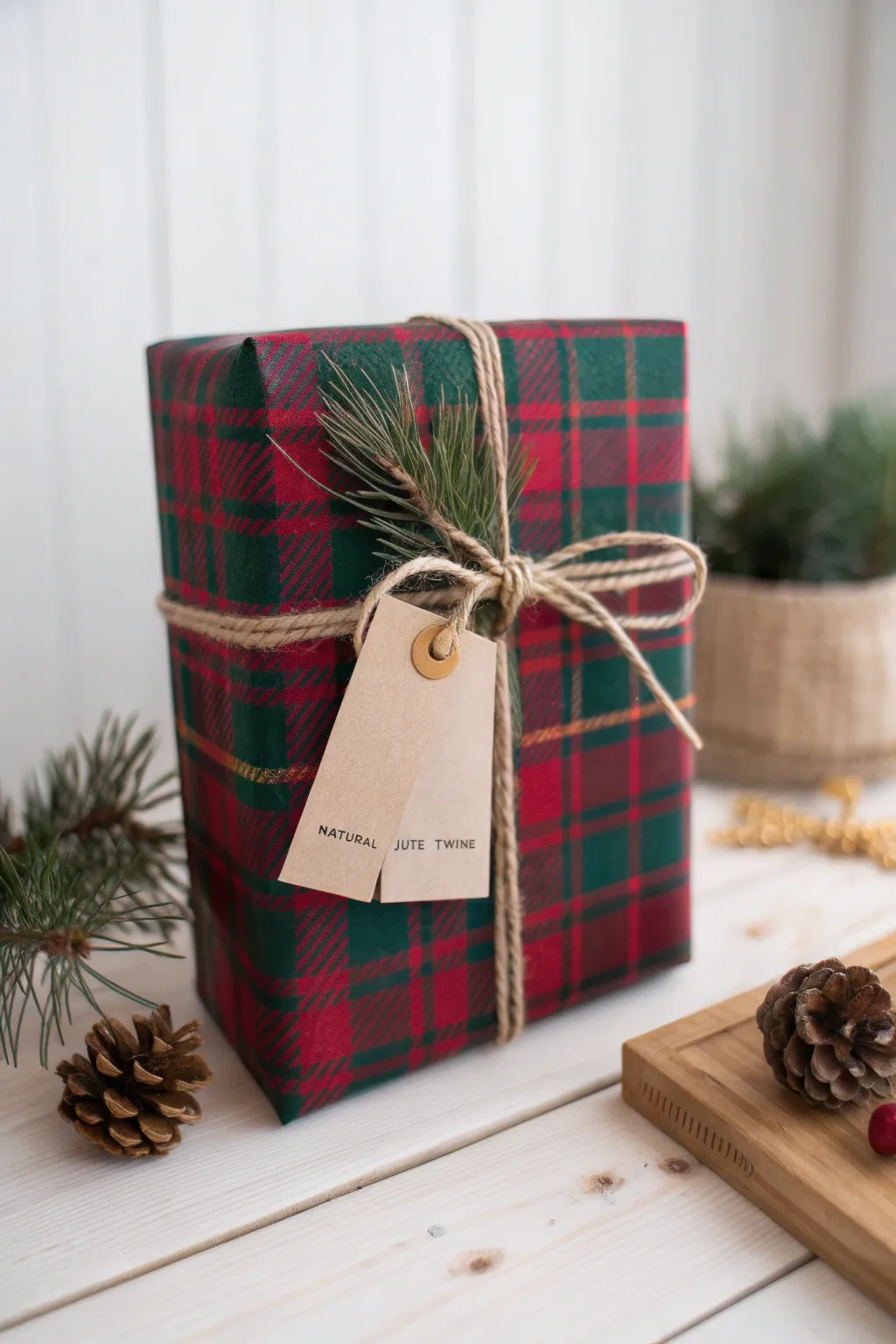 Embrace timeless tradition with a cozy tartan plaid wrapped gift, perfect for adding a touch of warmth and elegance under the Christmas tree.