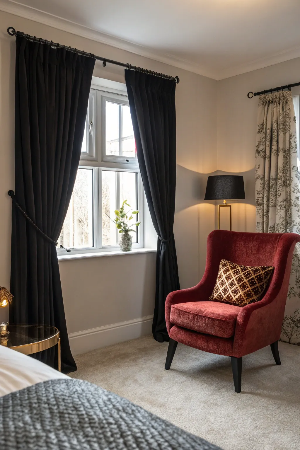 Black curtains framing a stylish statement furniture piece.