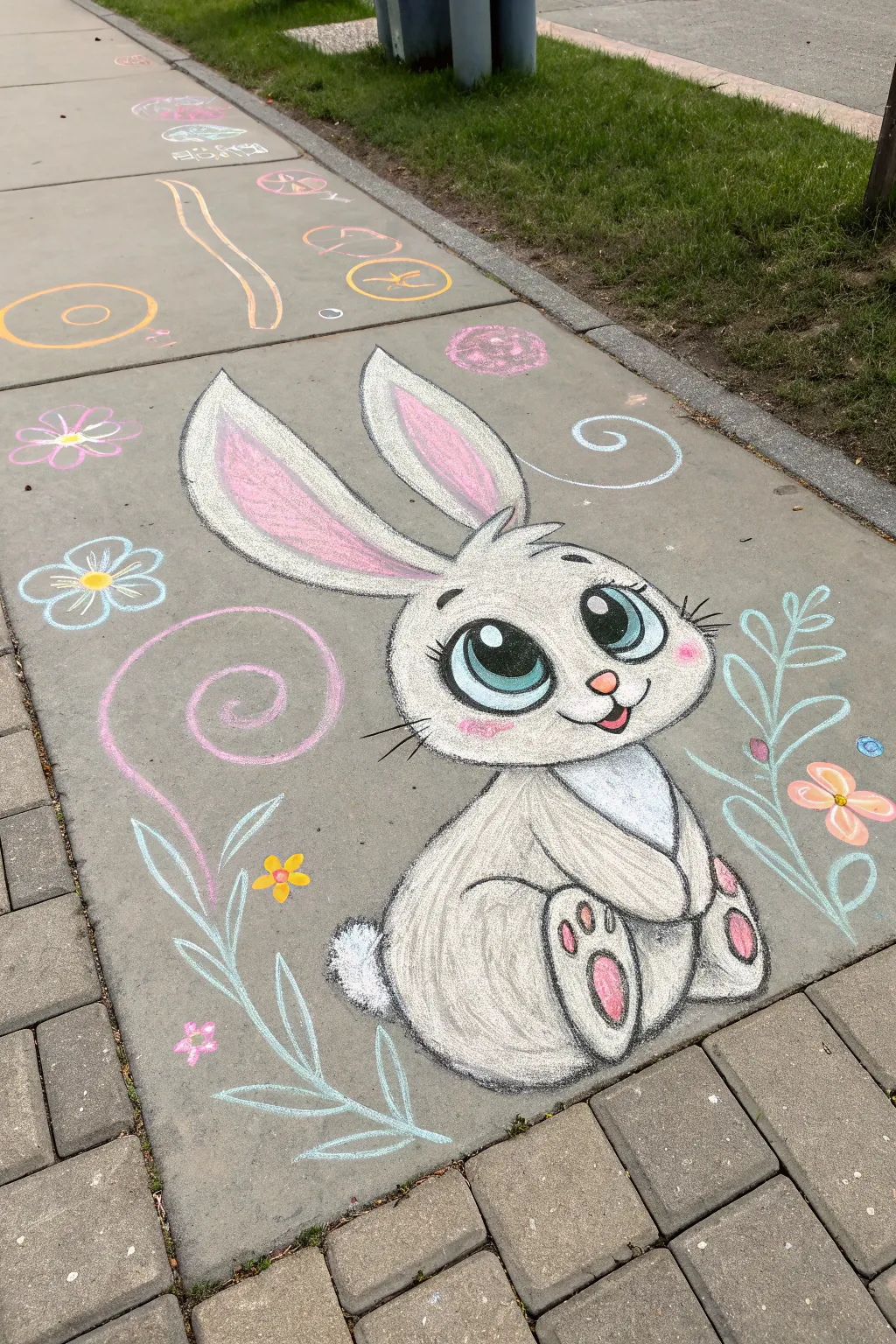 Whimsical charm on the pavement: A delightful cartoon bunny in bold hues, perfect for sparking joy in any viewer!