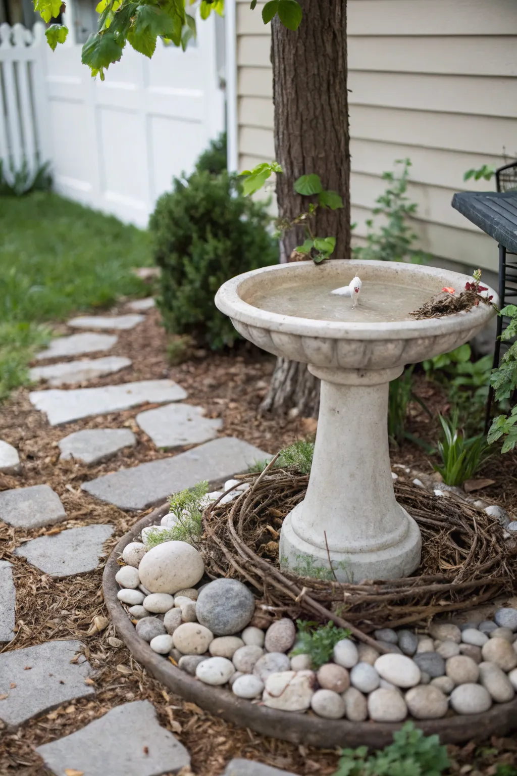 Embrace the charm of nature with a minimalist bird bath fairy garden, where stones and twigs create playful boundaries.