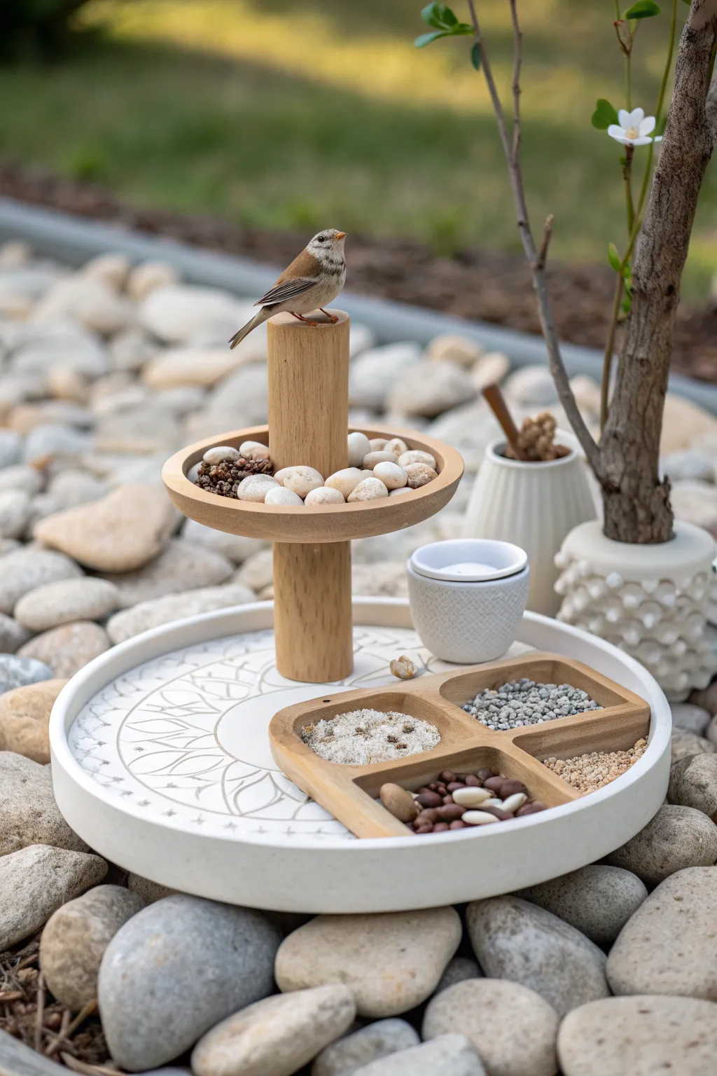 Transform your garden with this minimalist bird feeding station; where simplicity meets natural elegance.