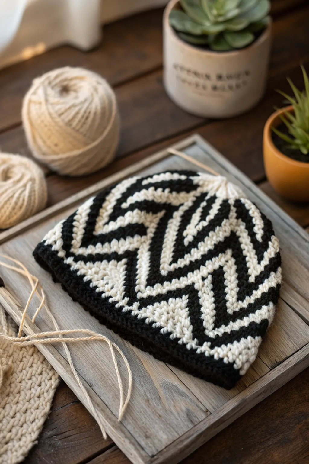 Embrace your wild side with this chic zebra-print crochet beanie, where minimalism meets bold style.