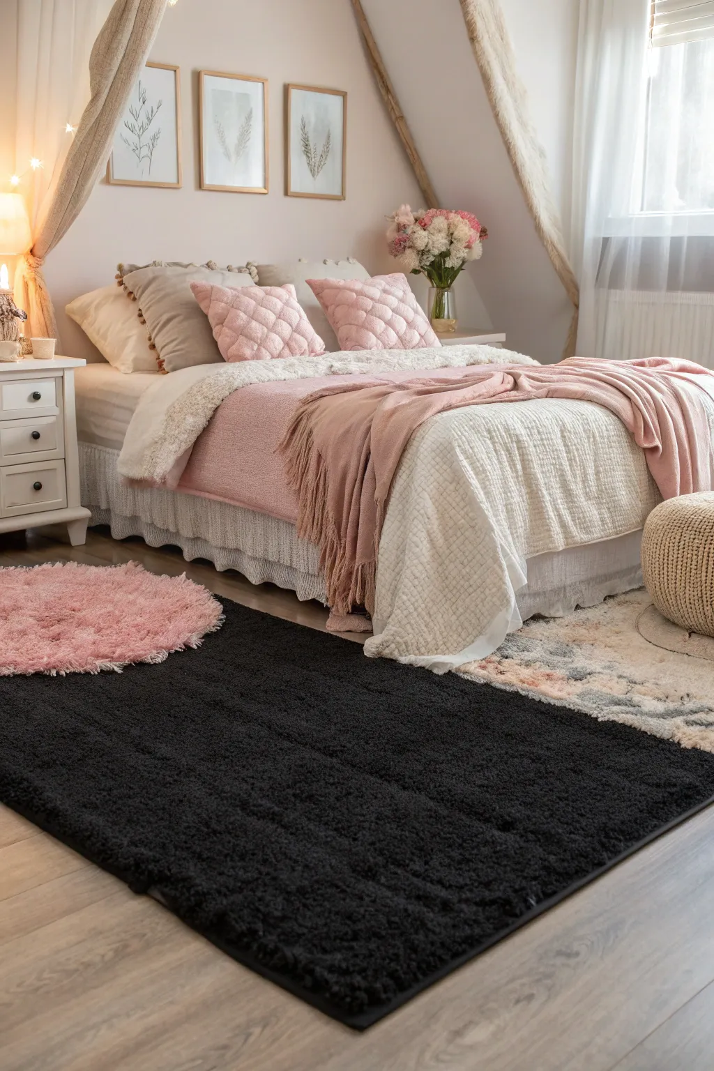 A black rug in the bedroom adds sophistication and a sense of luxury.