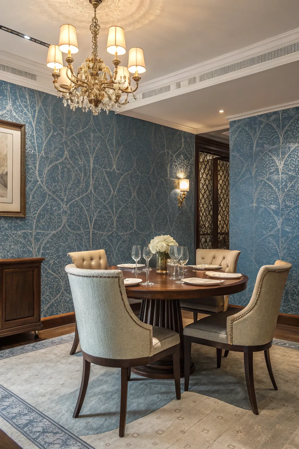 Textured blue wallpaper enhancing the dining room.