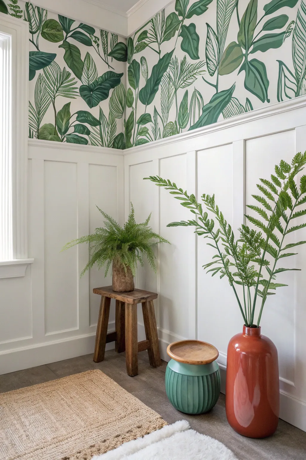 Transform your bathroom into a serene escape with the perfect blend of board and batten charm and lush botanical allure. 🌿✨