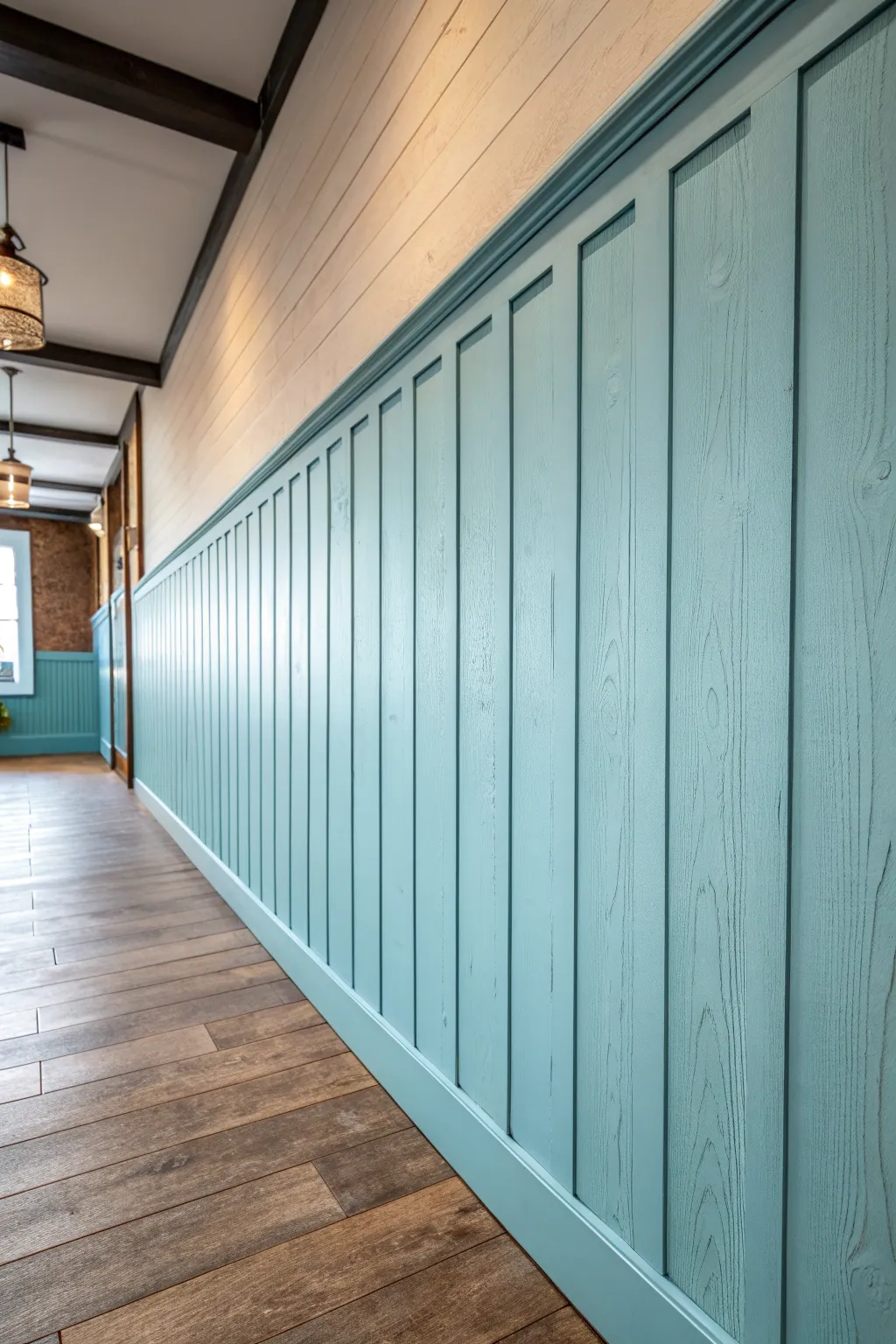 Embrace tranquility with this soothing light blue board and batten masterpiece.