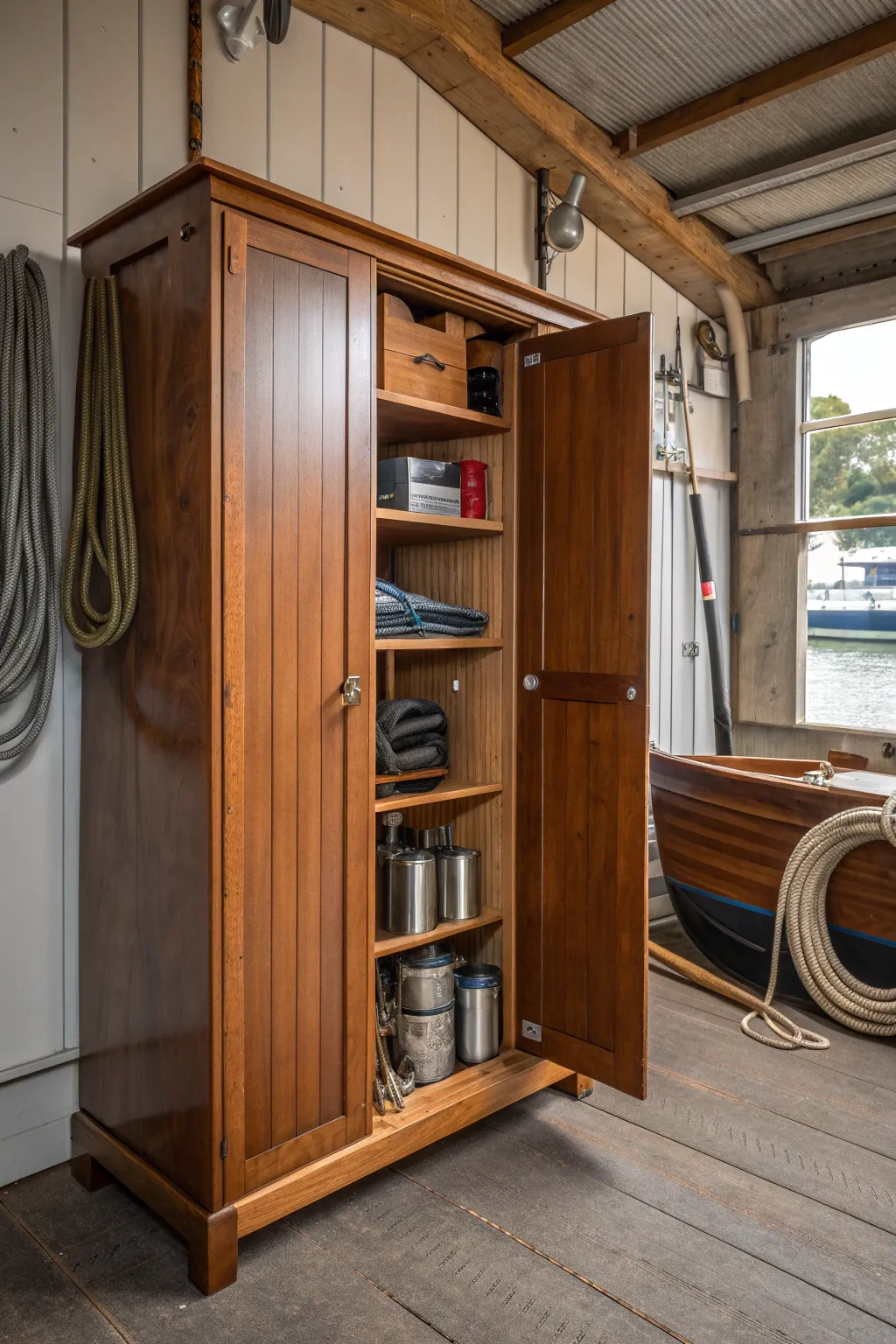 Master the art of organization with this elegant closed storage solution for your boat shed.