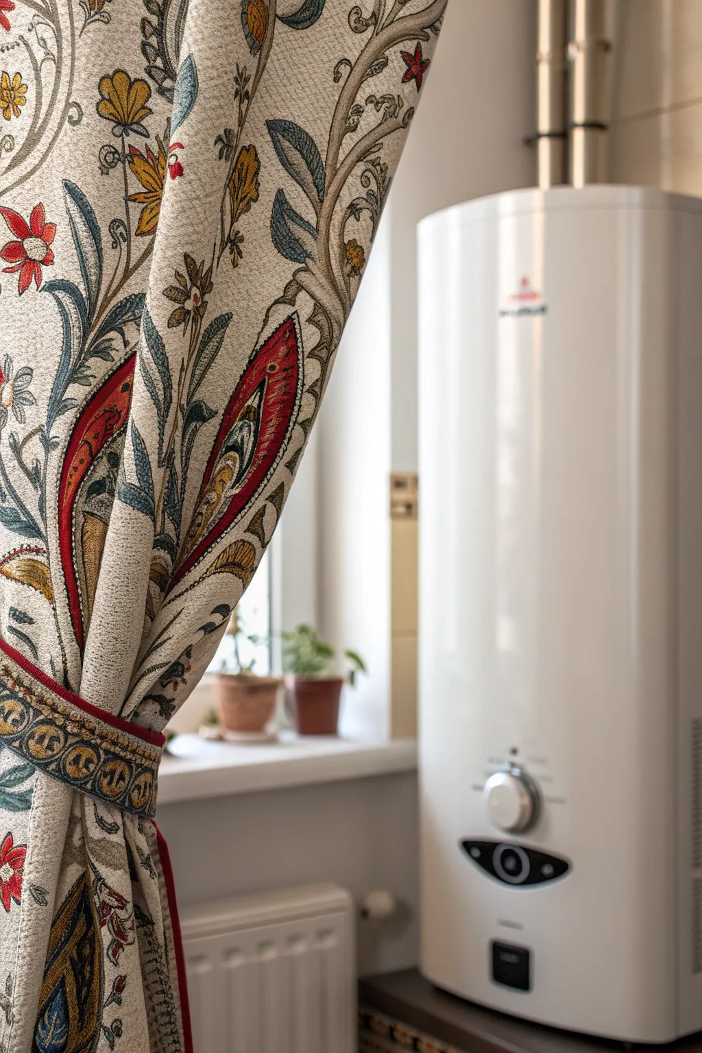 Transform your utility space into a design statement with a bold-patterned curtain that effortlessly conceals your boiler.