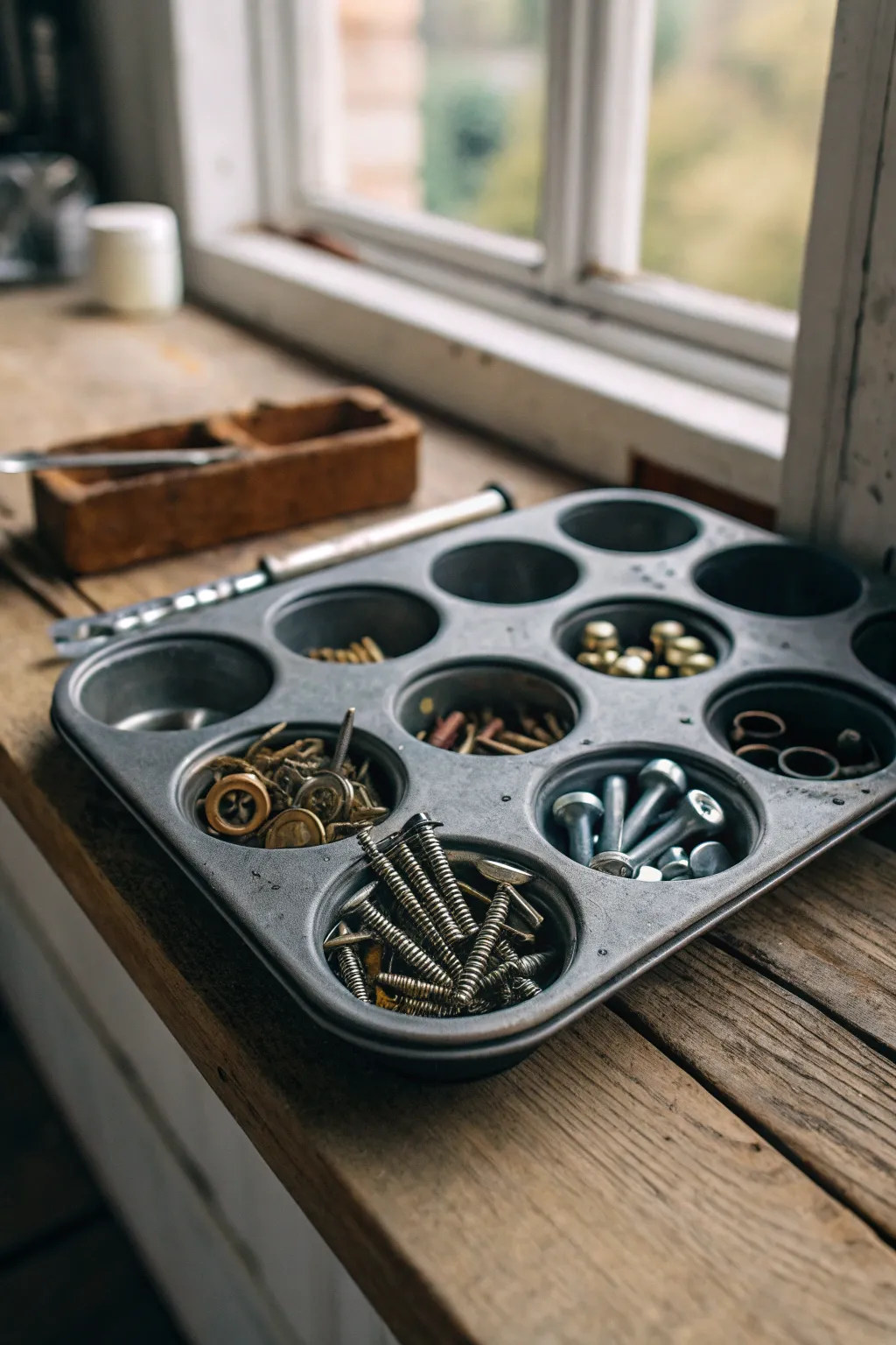 Craftsmanship meets creativity: Transform your muffin tin into the ultimate bolt organizer.
