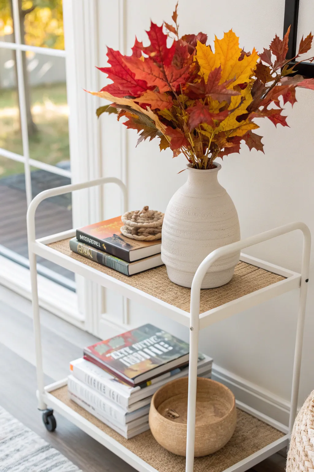 Embrace the season with a simple, beautiful touch—add vibrant autumn leaves to your book cart for an effortlessly chic look.