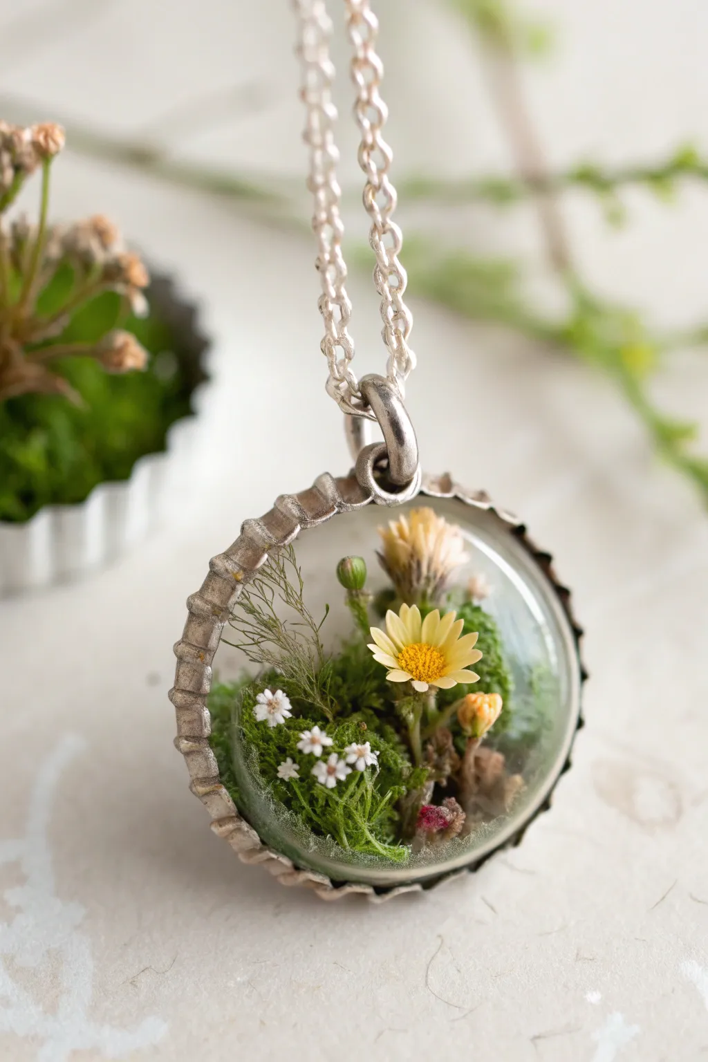 Enchanting Mini Worlds: A fusion of nature and art in a bottle cap pendant.