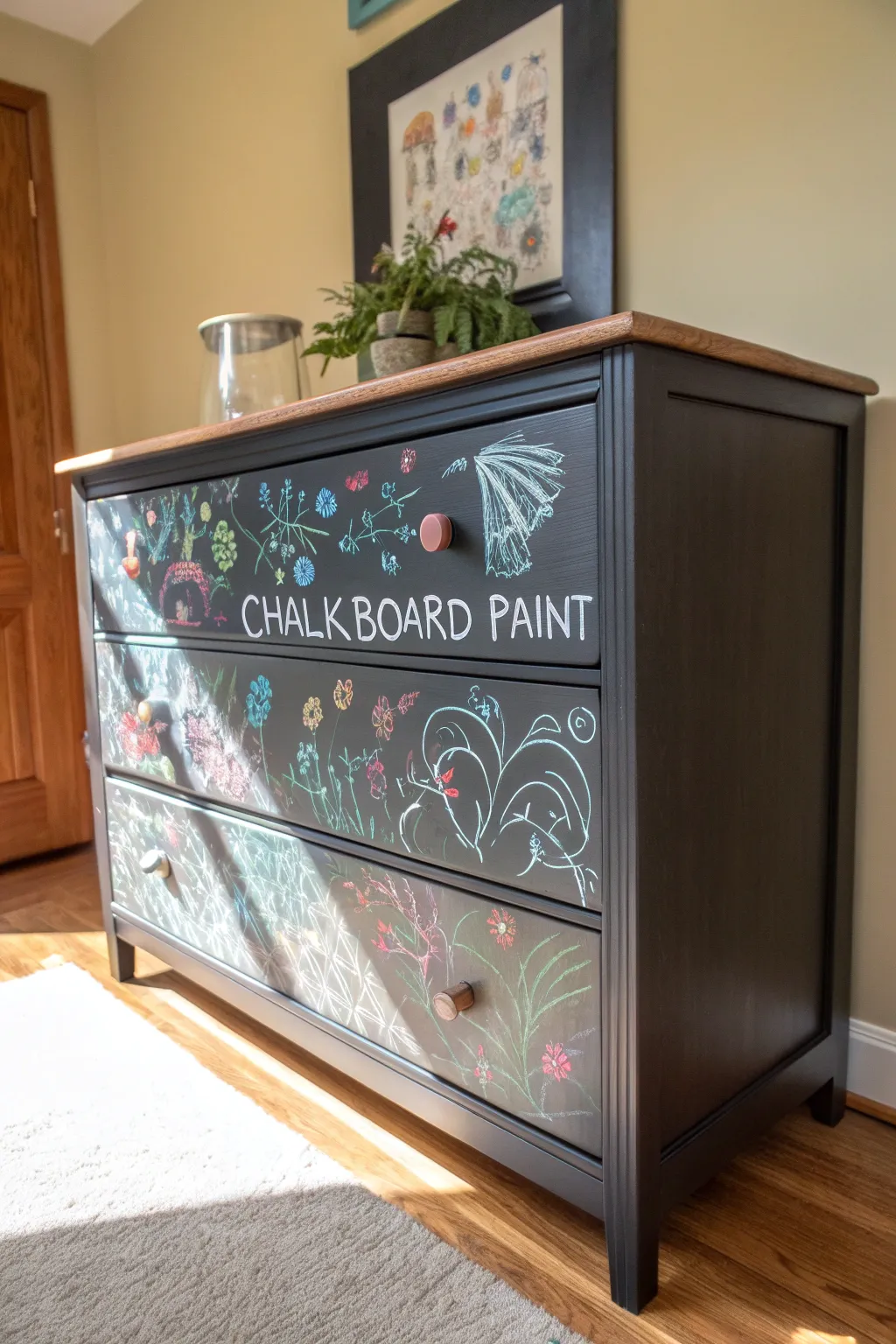 Unleash creativity with a chic chalkboard dresser—where style meets imagination.